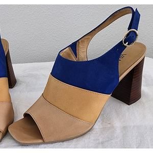 VAN ELi Tri-Color Suede Open Toe Sling Back Wood-look 3 1/2" Heel Sz 7 1/2M EUC